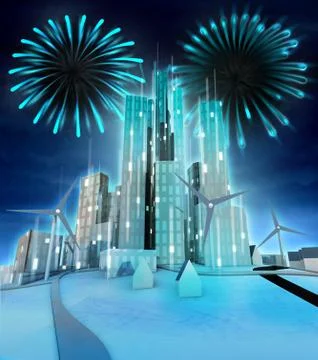 Firework above modern windmill powered city illustration Ilustração Stock