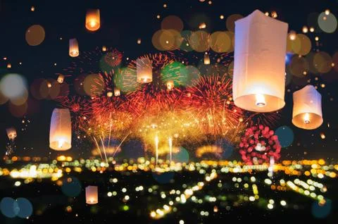 Firework and lanternfor celebration. Stock Photos