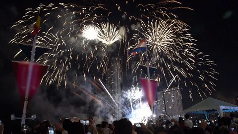 Firework and people in new year celebration, Slow-motion Stock Footage 100529928