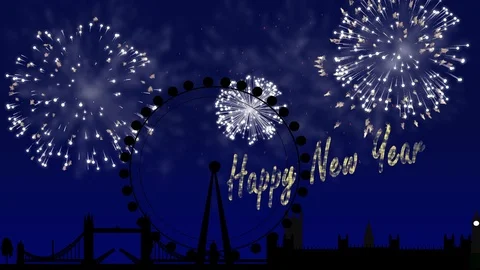 Firework animation with happy new year text above a London skyline Video stock 107971394