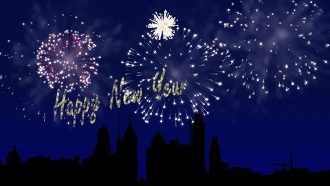 Firework animation with happy new year text above a Philadelpia skyline Video stock 107971429