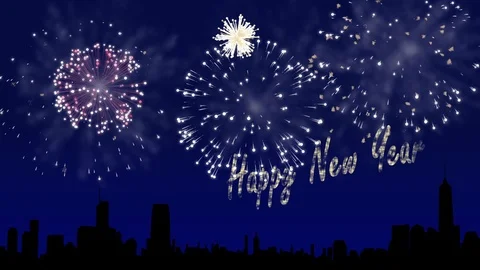 Firework animation with happy new year text above a New York skyline Stock Footage 107971879