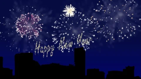 Firework animation with happy new year text above a Chicago skyline Video stock 107971992