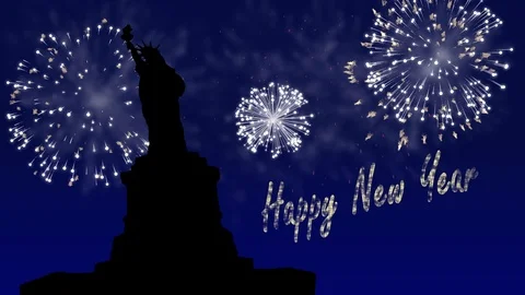 Firework animation with happy new year text above the statue of liberty Stock Footage 107972324