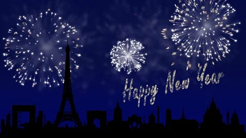 Firework animation with happy new year text above a Paris skyline Stock Footage 107972408