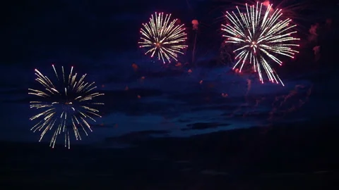 Firework from boat on evening sky Stock Footage 91101581