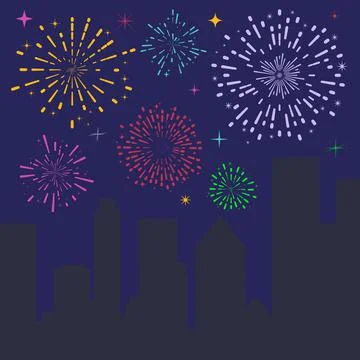 Firework celebration. Festive fireworks over the night city. Christmas and Ne Ilustração Stock