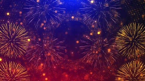 Firework celebration ring background golden bursts, blue purple lights, sparklin Stock Footage 340418208