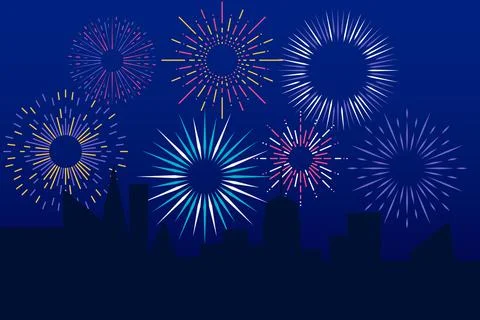 Firework. City night landscape with building silhouettes and light flashes in Ilustración de archivo