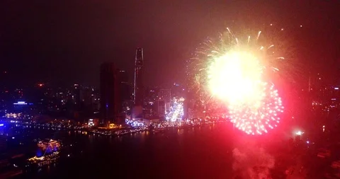 Firework with cityscape night light view of river side skyline in new year Stock Footage 126833595