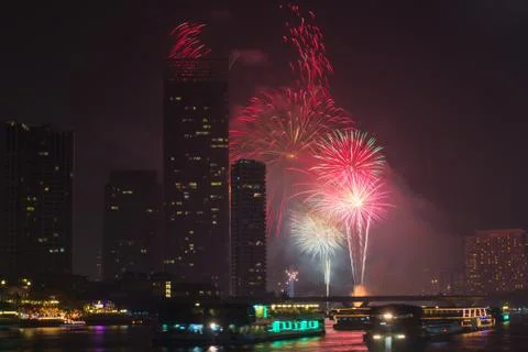 Firework countdown  at chaopraya river view bangkok thailand Stock Photos