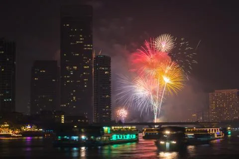 Firework countdown at chaopraya river view bangkok thailand Stock Photos