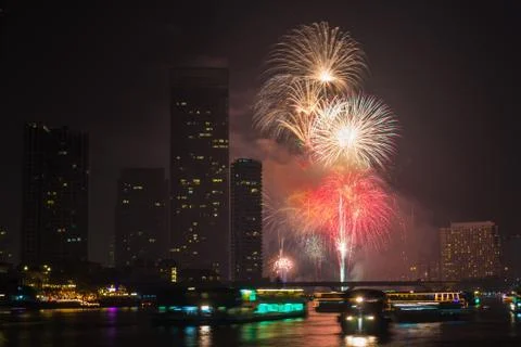 Firework countdown at chaopraya river view bangkok thailand Stock Photos