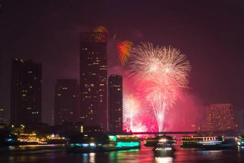 Firework countdown at chaopraya river view bangkok thailand Stock Photos