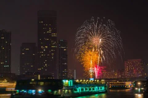 Firework countdown  at chaopraya river view bangkok thailand Stock Photos