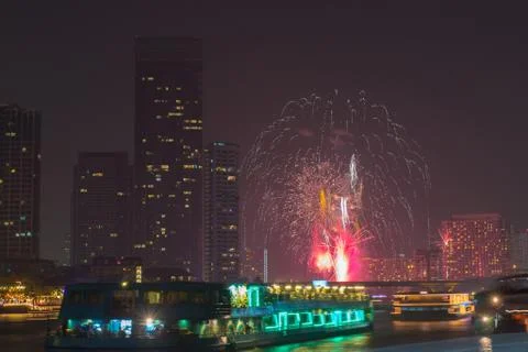 Firework countdown at chaopraya river view bangkok thailand Stock Photos