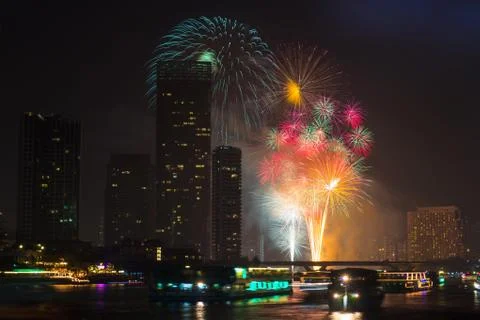 Firework countdown at chaopraya river view bangkok thailand Stock Photos