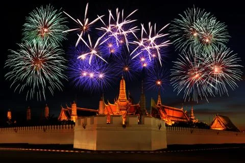 Firework display above the temple Stock Photos
