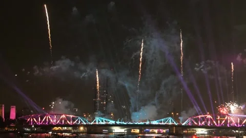Firework display and light show at Bangkok’s River Stock Footage 265089298