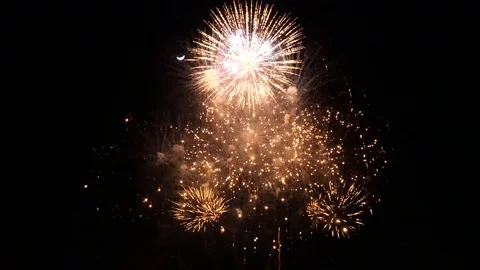 Firework display and smiling moon Stock Footage