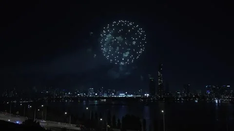 Firework display Exploding Above Han River with View of Yeouido 63 Stock Footage 288183734