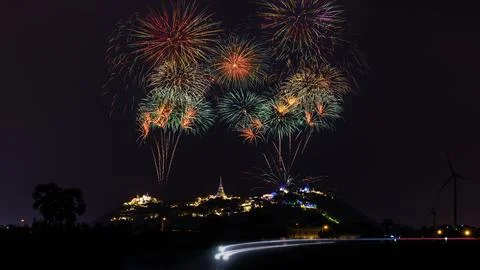 Firework Display Illuminates Mountain Palace At Phra Nakhon Khiri Historica.. Stock Photos