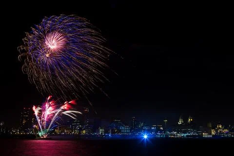 Firework display over the Liverpool skyline Stock Photos