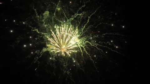 Firework exploding crowns with shimmering traces and sparks in black sky Foto stock