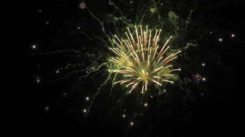 Firework exploding crowns with shimmering traces and sparks in black sky Foto stock