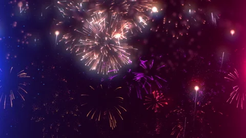 Firework fireball fun glow sky party light on blue and red background. Stock Footage 221008897
