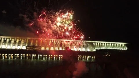 Firework In Foz do Iguacu + Usina hidreletrica de foz do iguaçu 스톡 동영상 97705644