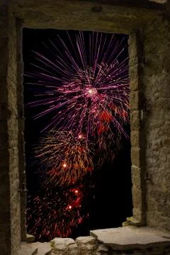 Firework framed stone window Foto stock
