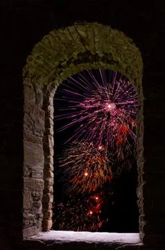 Firework framed stone window Stock Photos