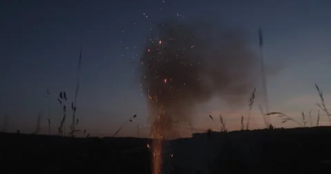 Firework goes off in field at night Stock Footage 254919607