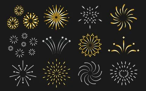 Firework gradient gold silver festive bursting set Stock Illustration