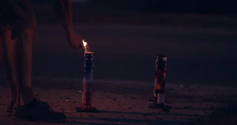 Firework Launch Knocks Down Small Tube  at Night Vídeos de archivo 96502870
