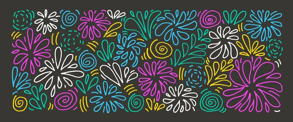 Firework line hand drawn n set. Party multicolor firecrackers and splashes in Stock Illustration