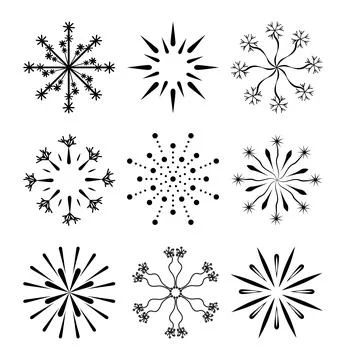 Firework line icon set isolated on white. Different black explosion, firecracker Stock Illustration