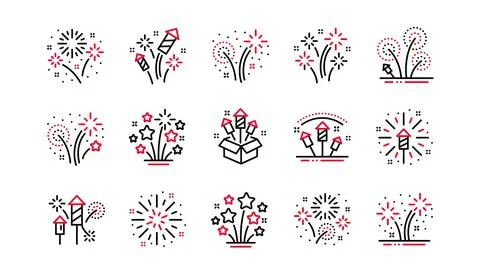 Firework line icons set. Carnival celebration, festival lights and christmas 스톡 일러스트