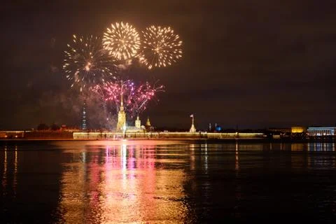 Firework on the Neva River at night. Saint Petersburg, Russia Foto stock