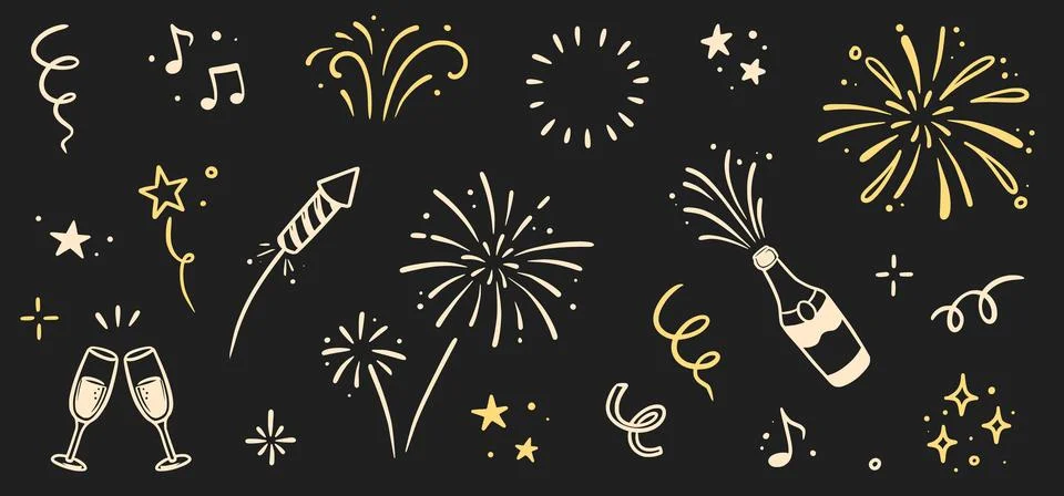 Firework new year set. Doodle firework sparkles for New Year celebration, golden Stock Illustration