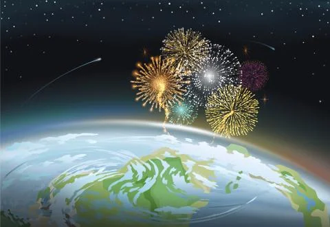 Firework at Night Sky Above Planet Earth Vector 스톡 일러스트