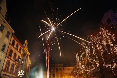Firework at Old Market Square in Torun.  Poland Stock Photos