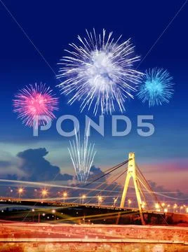 Firework over city at night Stock Illustration