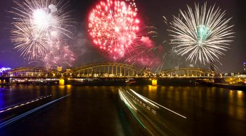 Firework over the Rhine river in Cologne Stock Photos