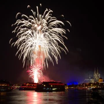 Firework over the rhine river Stock Photos
