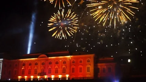 Firework at Peterhof Autumn Show Stock Footage 71332357