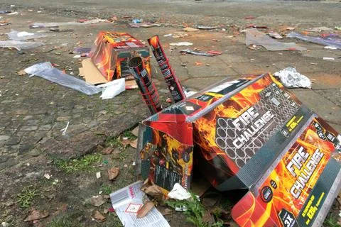 Firework remnants and packaging littering the sidewalk in Kreuzberg Stock Photos