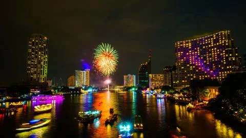 Firework on river, Bangkok Stock Photos