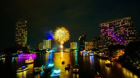 Firework on river, Bangkok Stock Photos